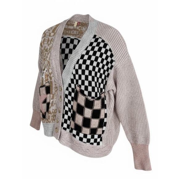 Anthropologie x Pilcro Mash-Up Cardigan Sweater Patchwork Star Checkered Sz S - Picture 2 of 9